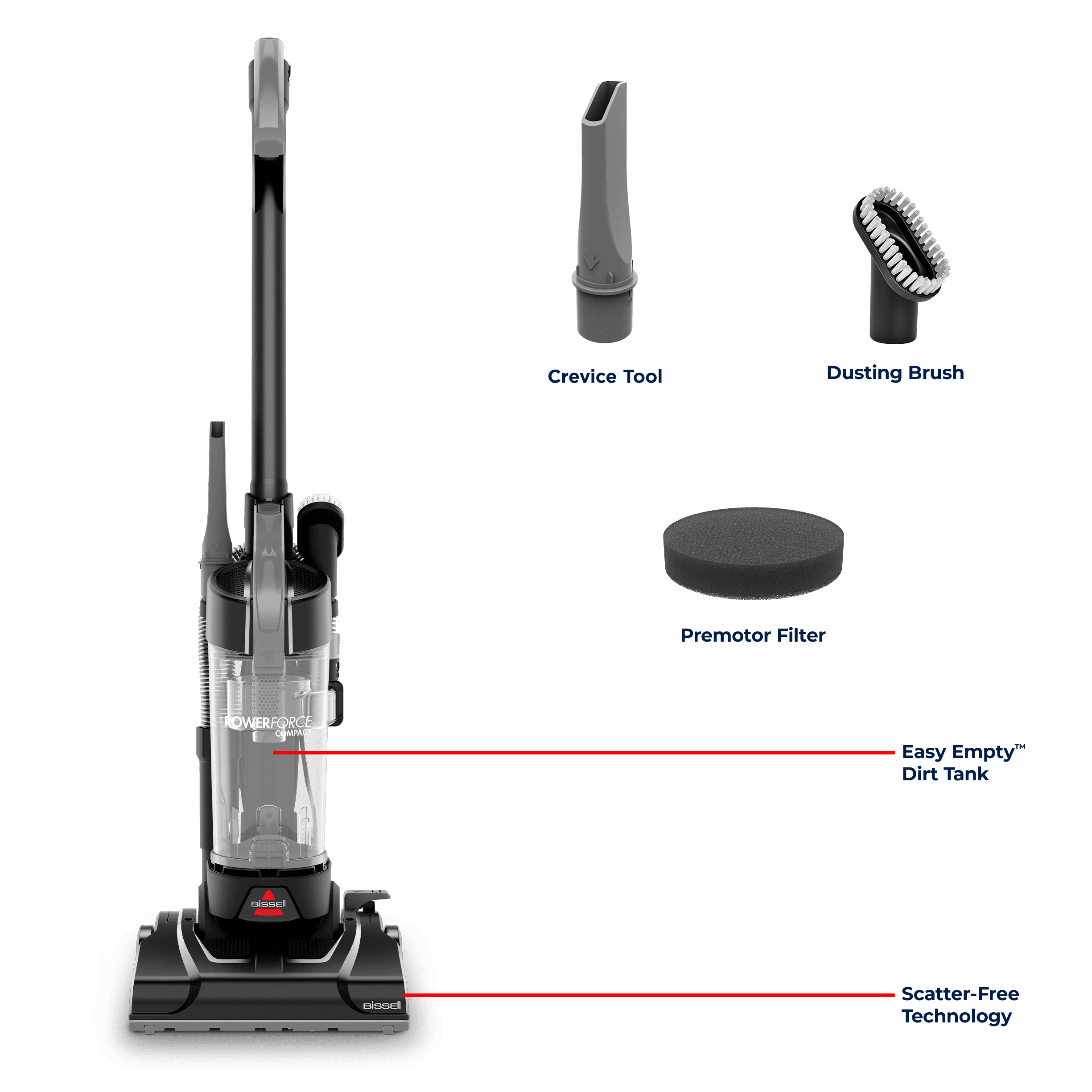BISSELL PowerForce Compact - Bagless, Upright Vacuum, Lightweight, Powerful Suction, High Reach Wand, Hard Floor and Carpet, 4362, Gray & Black