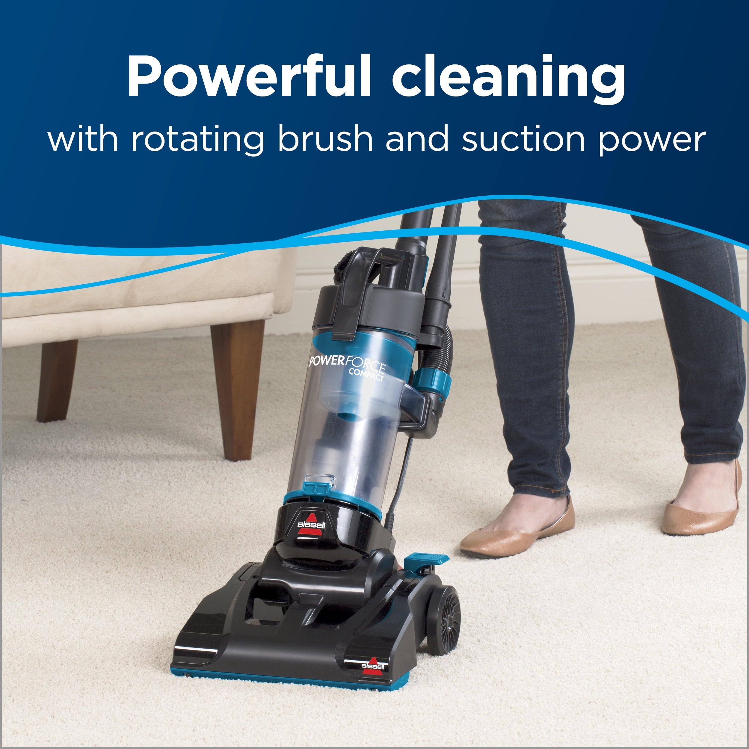 BISSELL PowerForce Compact - Bagless, Upright Vacuum, Lightweight, Powerful Suction, High Reach Wand, Hard Floor and Carpet, 2112, Blue & Black