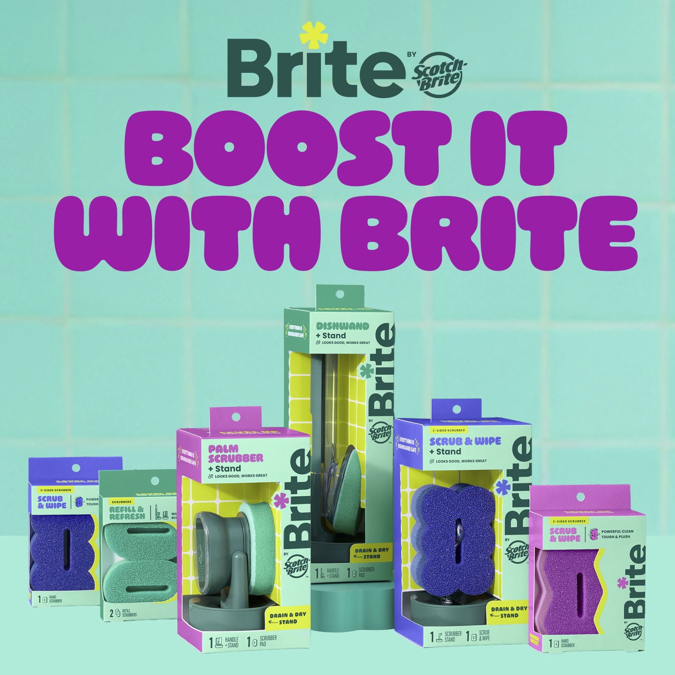 Brite by Scotch-Brite Fillable Dishwand with Drain + Dry Stand - Household and Kitchen Sponge, 1 Dishwand with Soap Dispenser