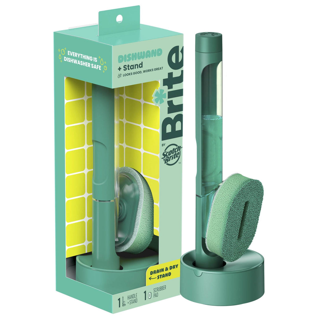 Brite by Scotch-Brite Fillable Dishwand with Drain + Dry Stand - Household and Kitchen Sponge, 1 Dishwand with Soap Dispenser