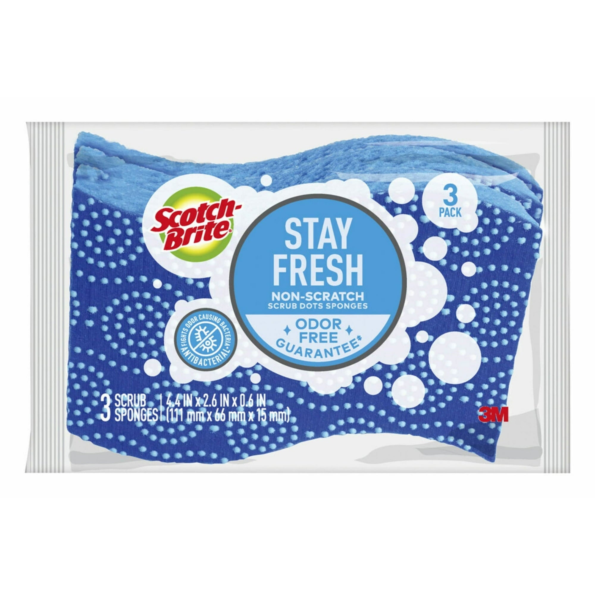 Scotch-Brite Stay Fresh Sponges - Zero Scratch, Odor Free Guarantee, Antibacterial, 3 Scrubbers