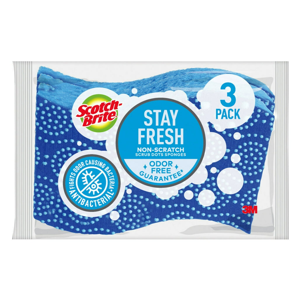 Scotch-Brite Stay Fresh Sponges - Zero Scratch, Odor Free Guarantee, Antibacterial, 3 Scrubbers